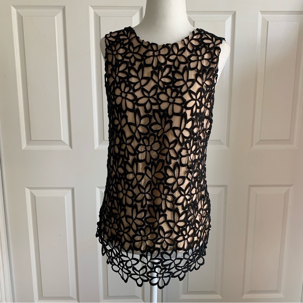Neiman Marcus x Target Lela Rose Silk and Crochet Floral Top Black and Nude